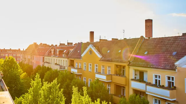 View of the low rooftops of the old houses of the European city