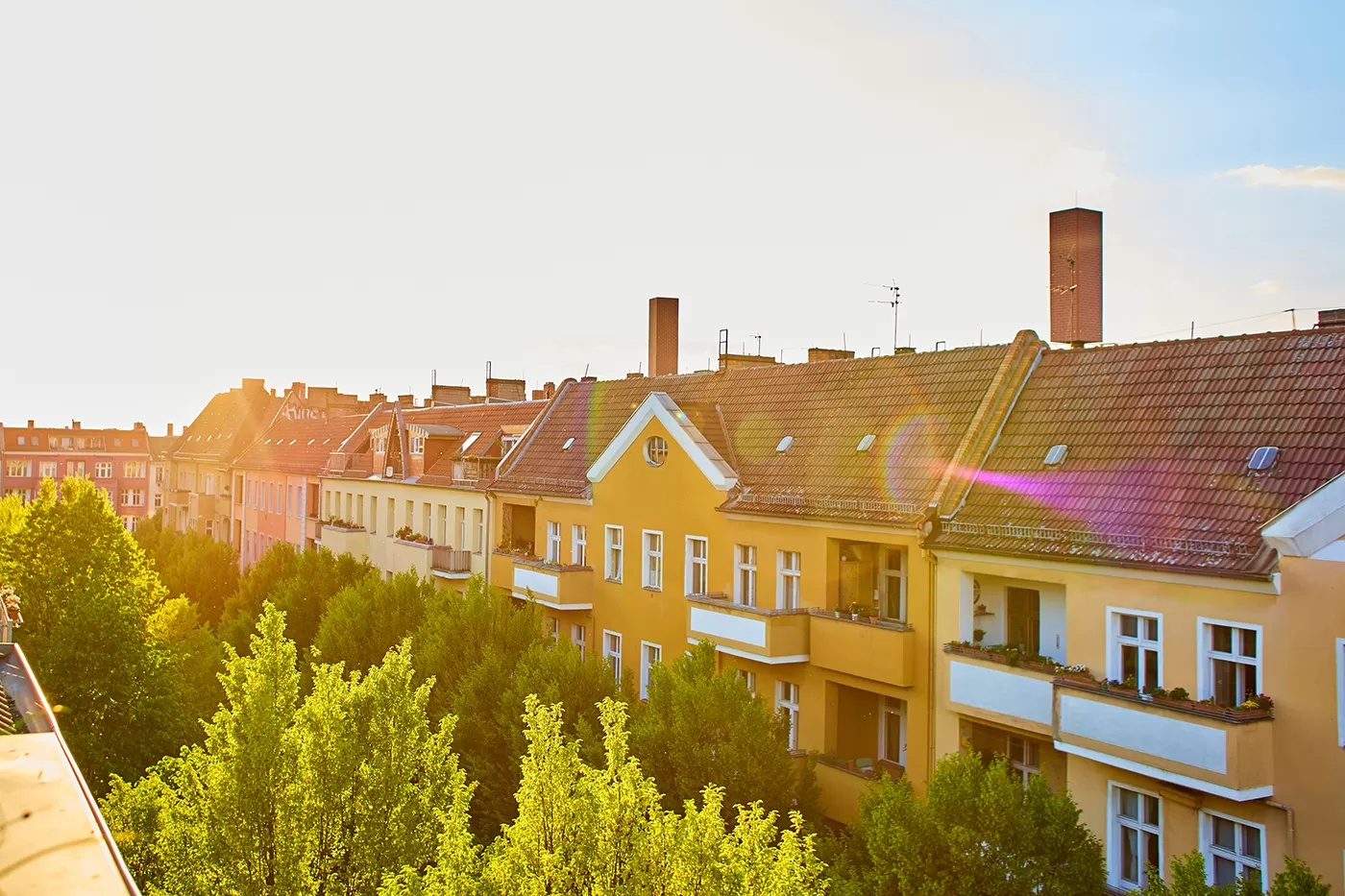 View of the low rooftops of the old houses of the European city